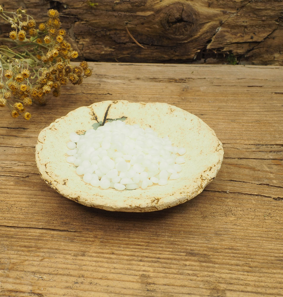 Weiße Lamecreme-Pellets auf einer dekorativen Scheibe mit eingearbeitetem Farnblatt, daneben getrocknete gelbe Blüten, auf einem rustikalen Holztisch.